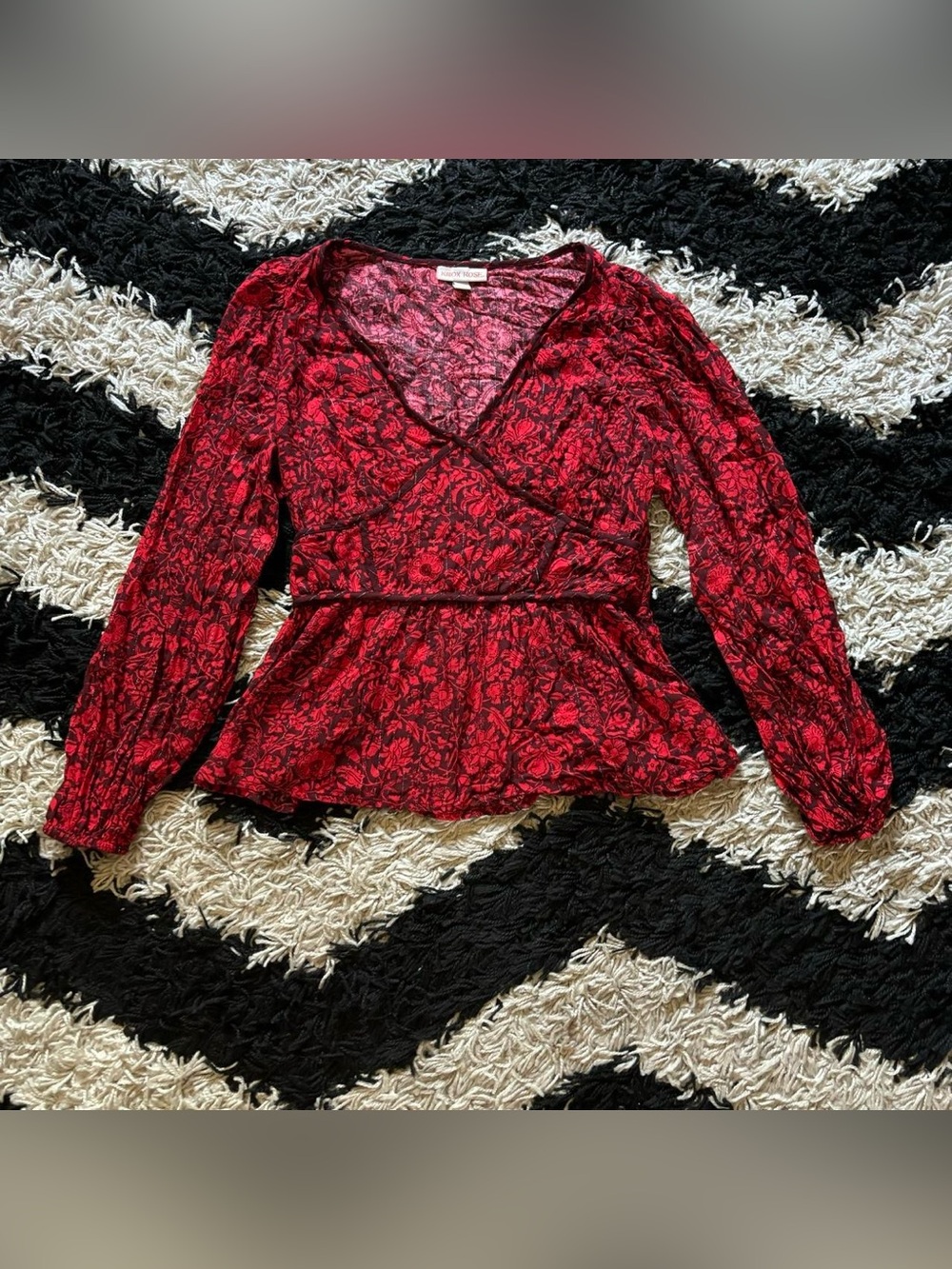 Knox Rose Red Burgundy Floral V-Neck Long Sleeve Peplum Blouse